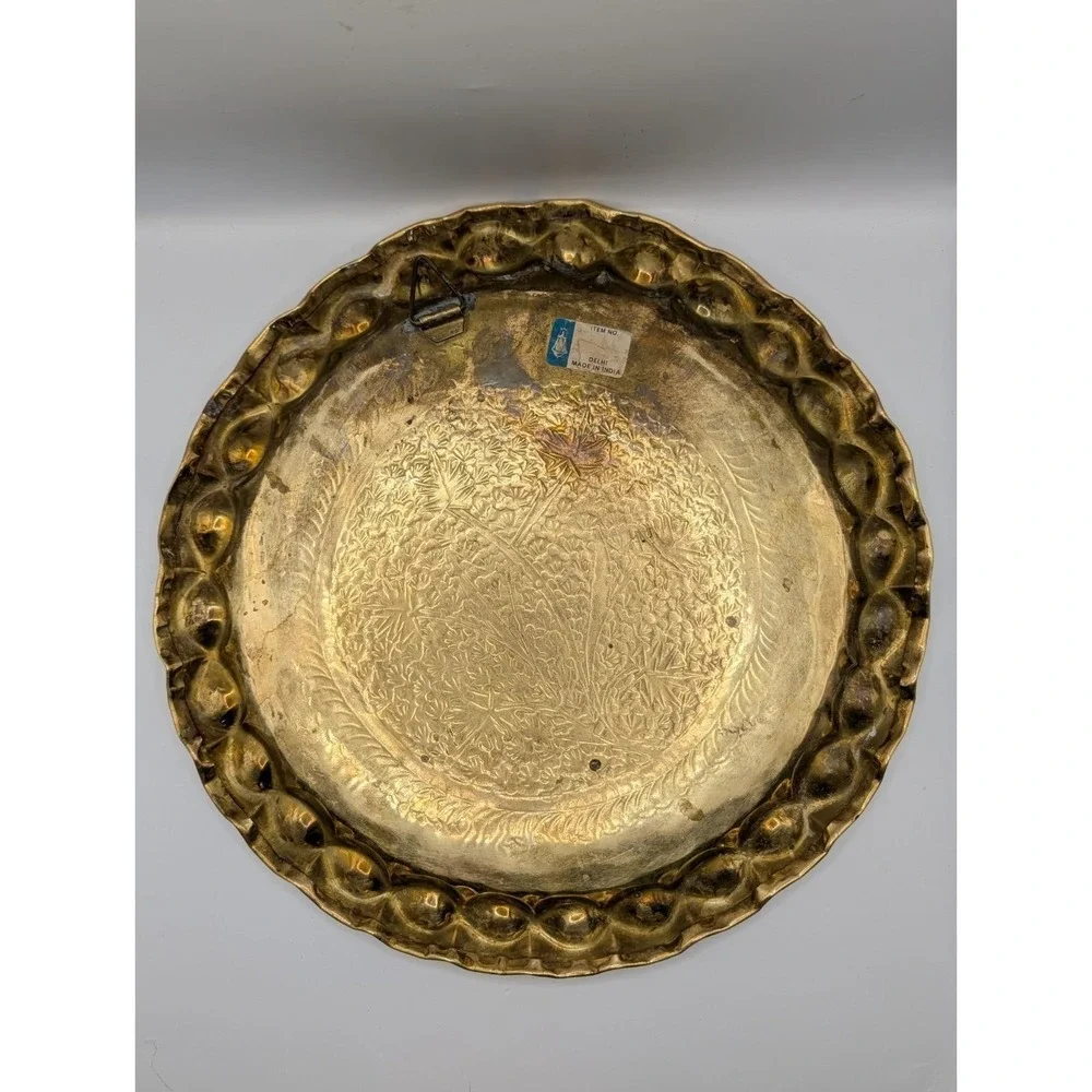 Vintage Etched Brass Large Round Tray Table Top 12